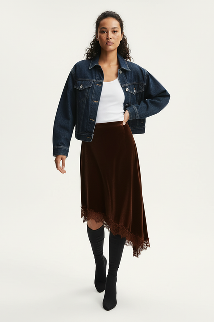 Jupe Satin Marron Dentelle Chic