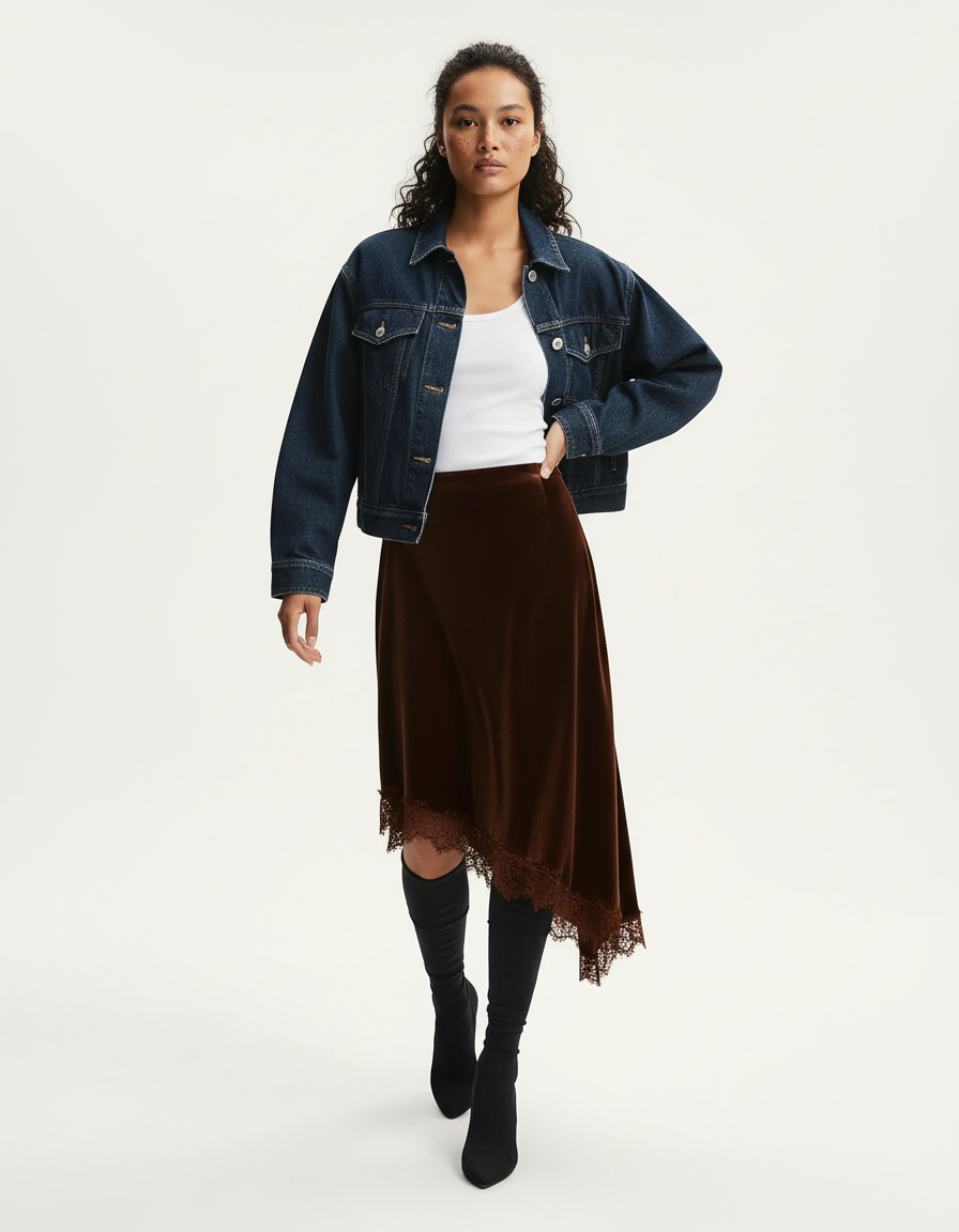 Jupe Satin Marron Dentelle Chic