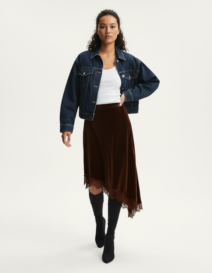 Jupe Satin Marron Dentelle Chic