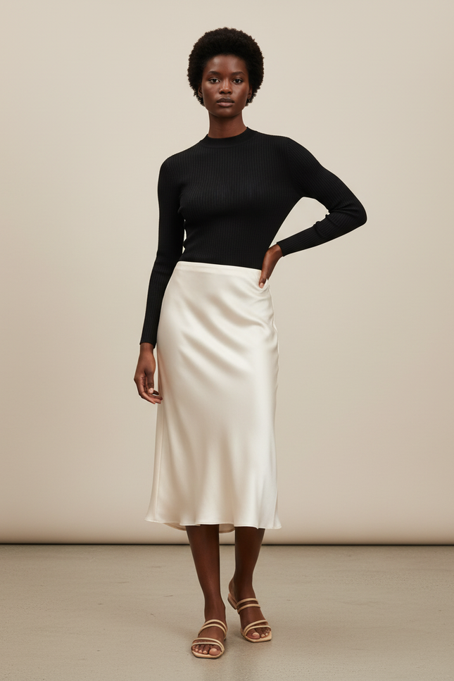 Jupe Midi En Satin Soie Ceinture Elastiquée