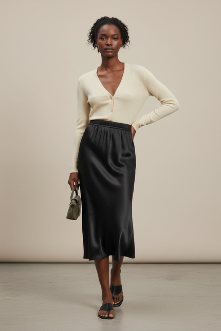 Jupe Satin Noire Midi Élégante