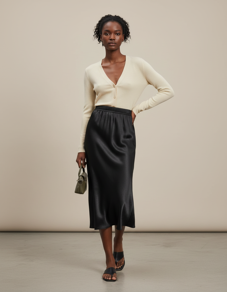 Jupe Satin Noire Midi Élégante