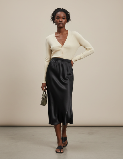 Jupe Satin Noire Midi Élégante