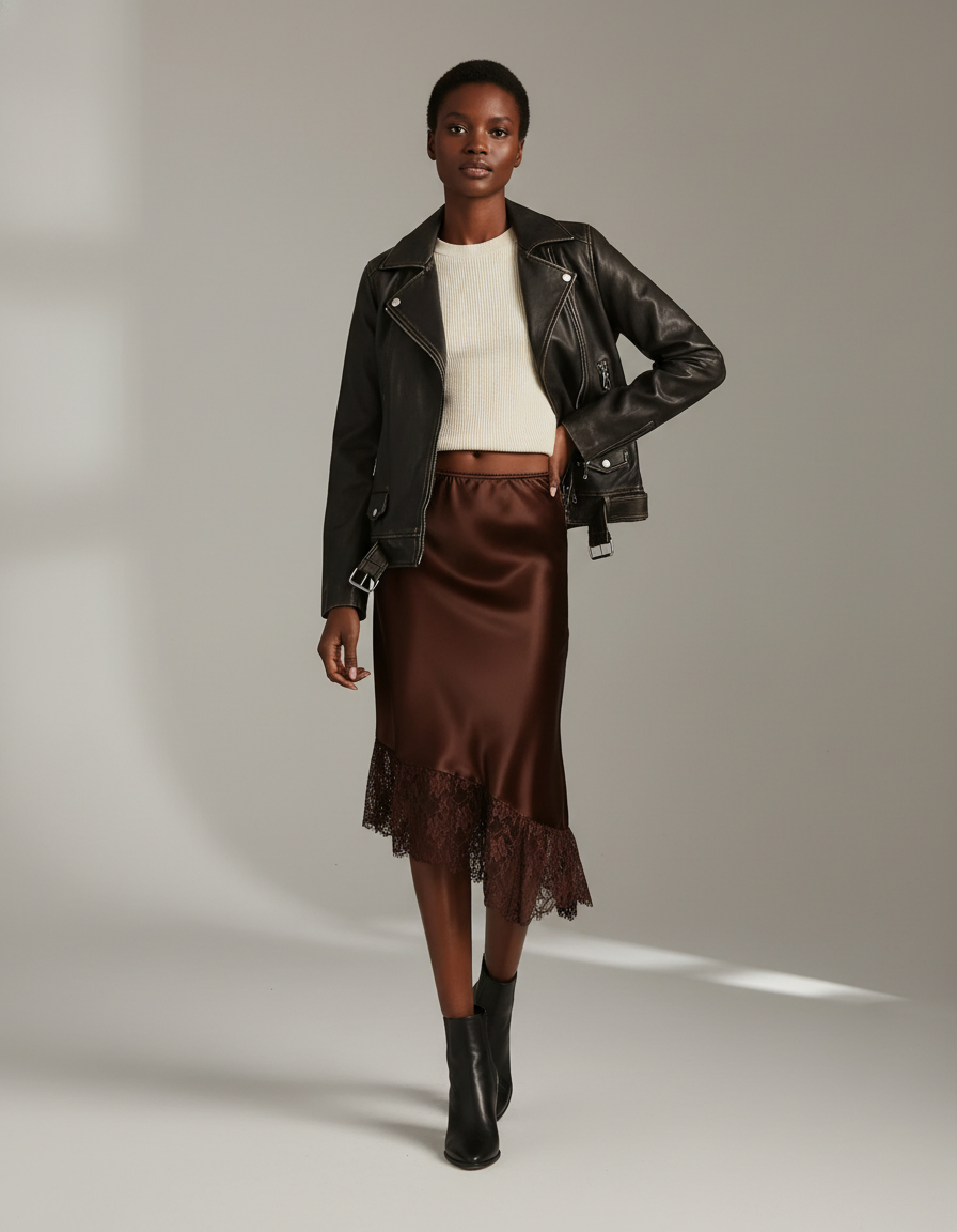Jupe Satin Chocolat Dentelle Élégante