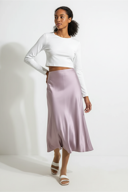 Jupe Midi Évasée En Satin Mauve