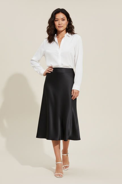 Jupe Satin Noire Midi Élégante Chic