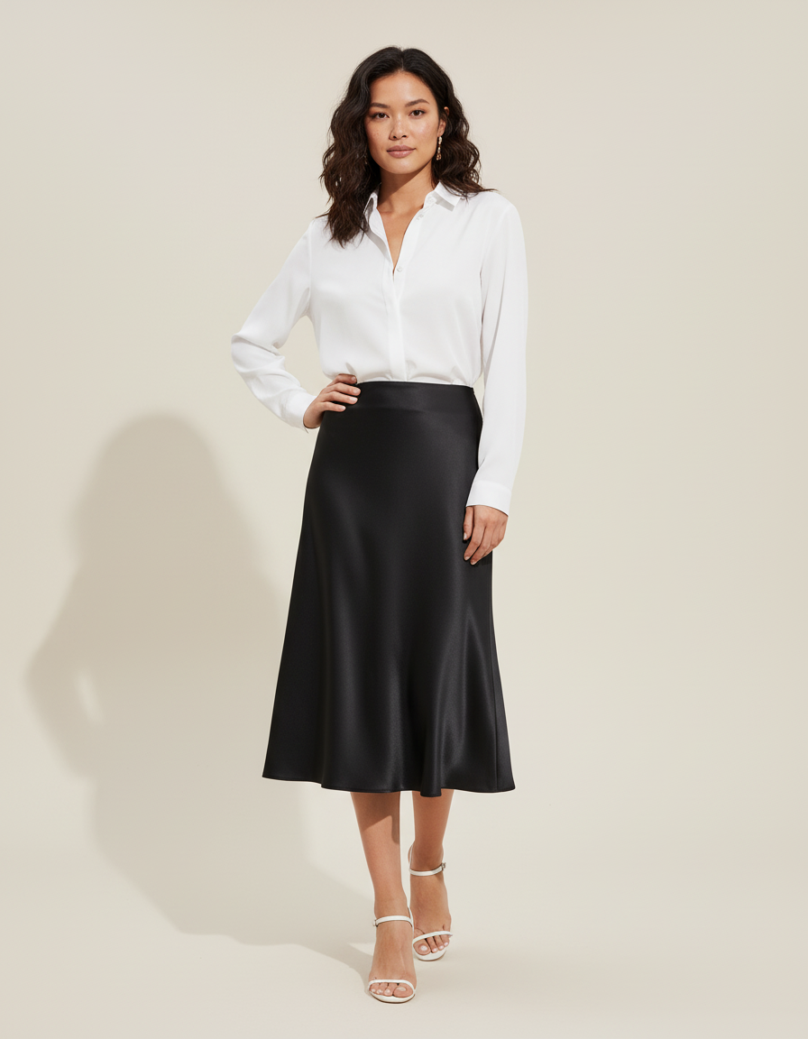 Jupe Satin Noire Midi Élégante Chic