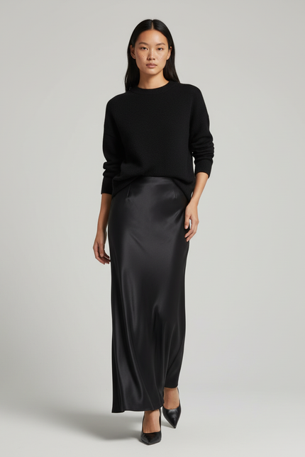 Jupe Satin Noire Maxi Fluide