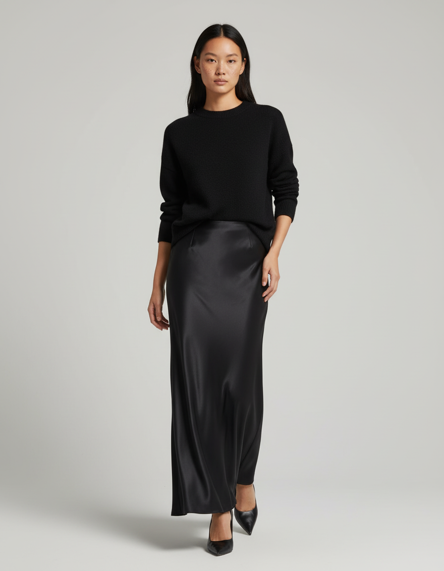 Jupe Satin Noire Maxi Fluide