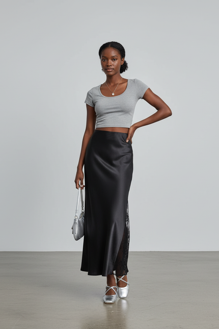 Jupe Satinée Noire Taille Élastique