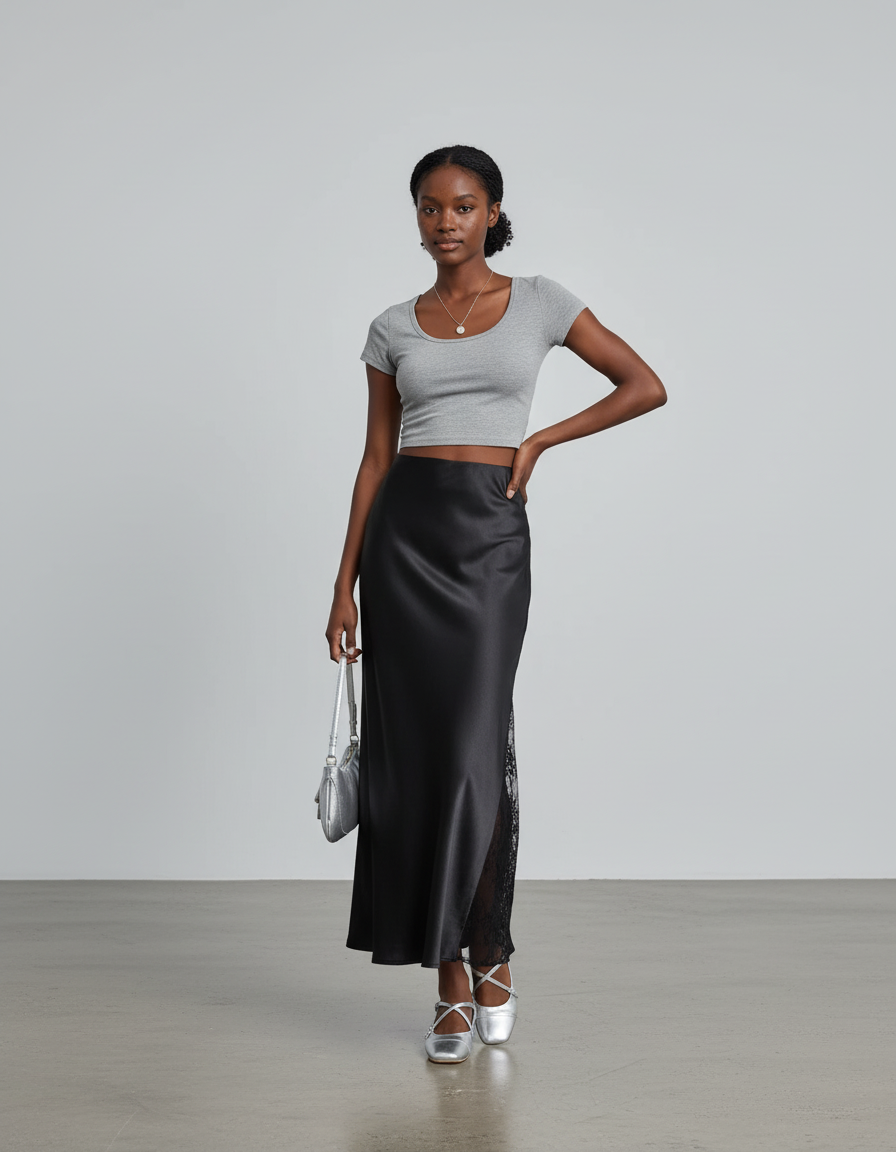Jupe Satinée Noire Taille Élastique