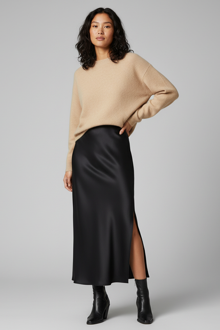 Jupe Satin Noir Fendue