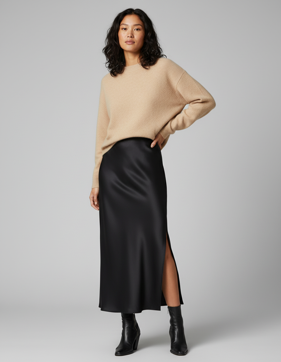 Jupe Satin Noir Fendue