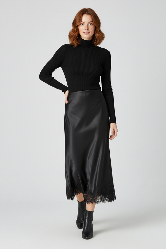 Jupe Satin Noire Dentelle Élégante Délicate