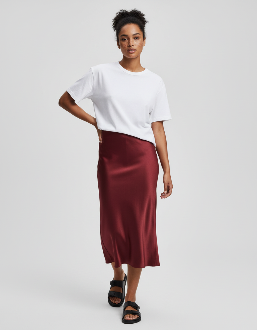 Jupe Satin Bordeaux Fluide Élégante