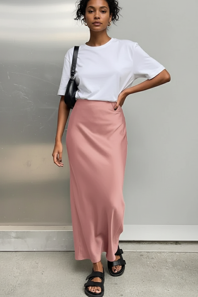 Jupe Satin Rose Fluide Élégante