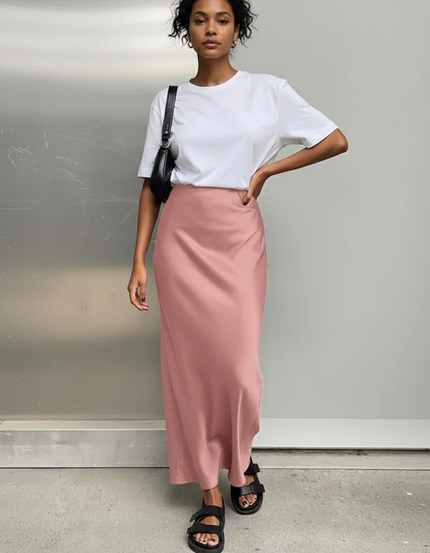 Jupe Satin Rose Fluide Élégante