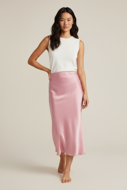 Jupe Rose Satinée Evasée Avec Ceinture Élastique Femme