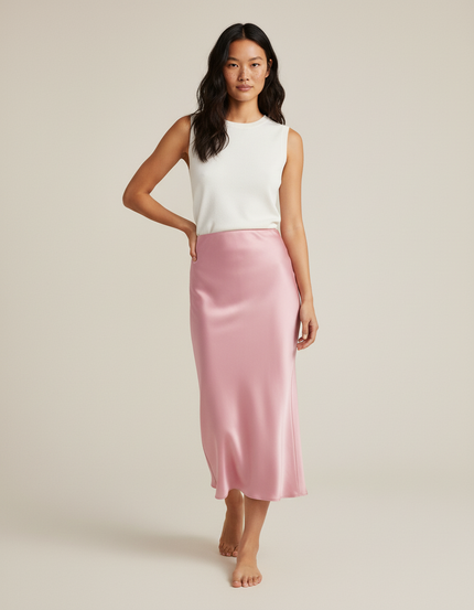 Jupe Rose Satinée Evasée Avec Ceinture Élastique Femme