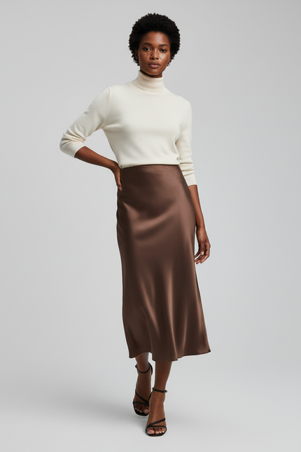 Jupe Satin Marron Fluide Élégante Chaleureuse