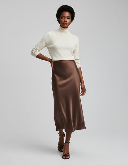 Jupe Satin Marron Fluide Élégante Chaleureuse