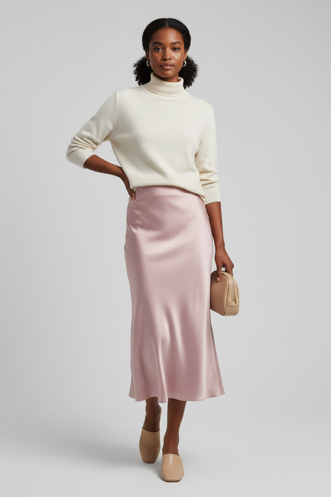 Jupe Satin Fluide Rose Poudré Élégante