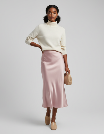 Jupe Satin Fluide Rose Poudré Élégante