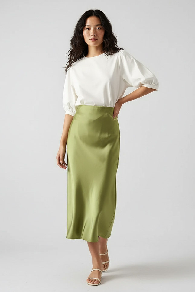 Jupe Mi-Longue Satinée Vert Citron Petite