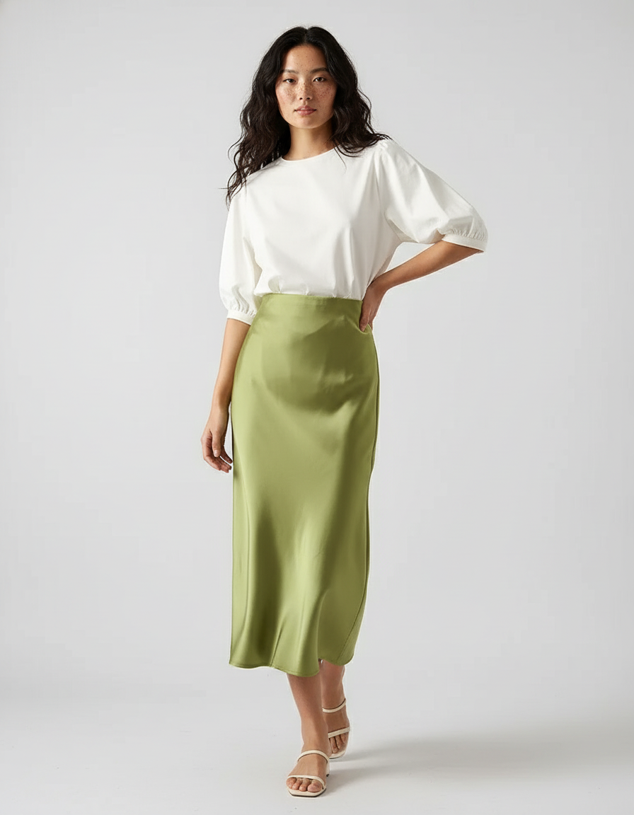 Jupe Mi-Longue Satinée Vert Citron Petite