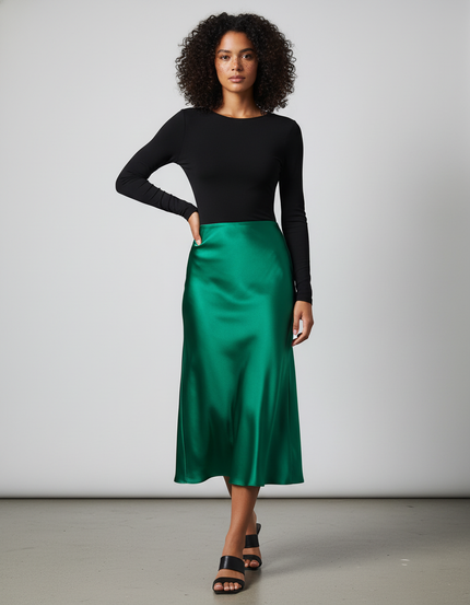 Jupe Satin Verte Fluide Élégante