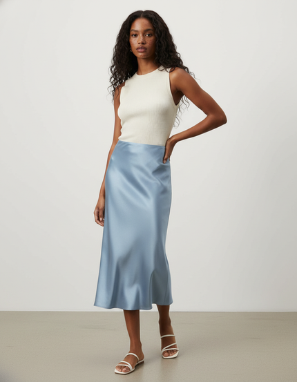 Jupe Satin Bleu Clair Fluide Élégante