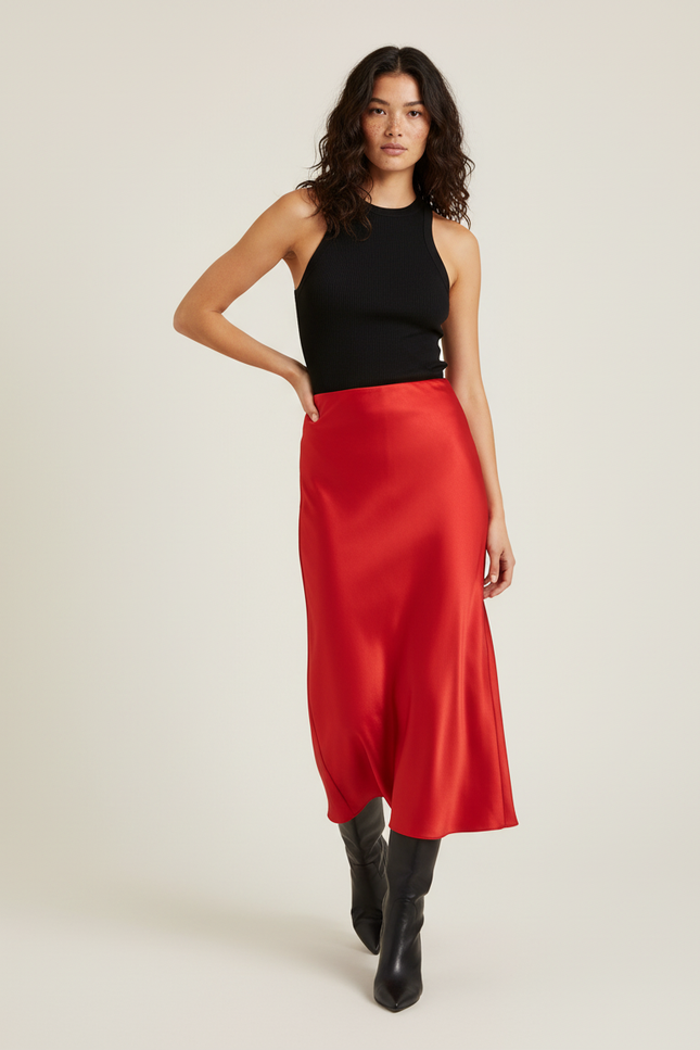 Jupe Satin Rouge Fluide Chic