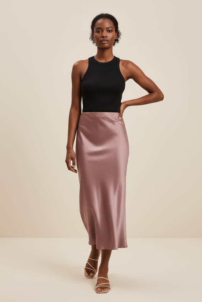 Jupe Satin Rose Poudré Fluide Chic