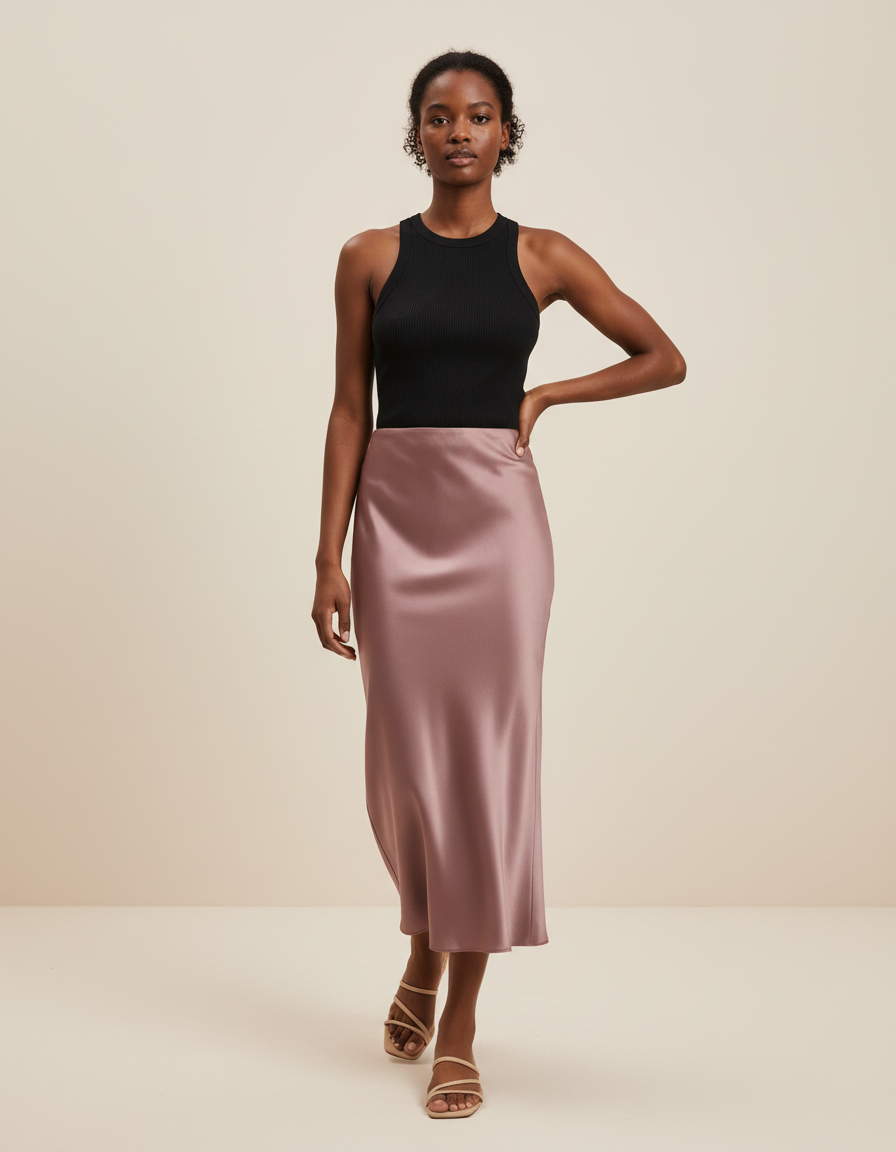 Jupe Satin Rose Poudré Fluide Chic