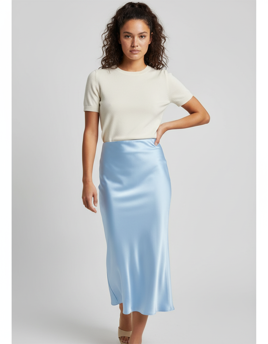 Jupe Satin Bleu Ciel Fluide Chic