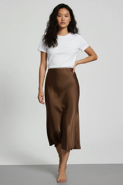 Jupe Satin Marron Longue Élégante