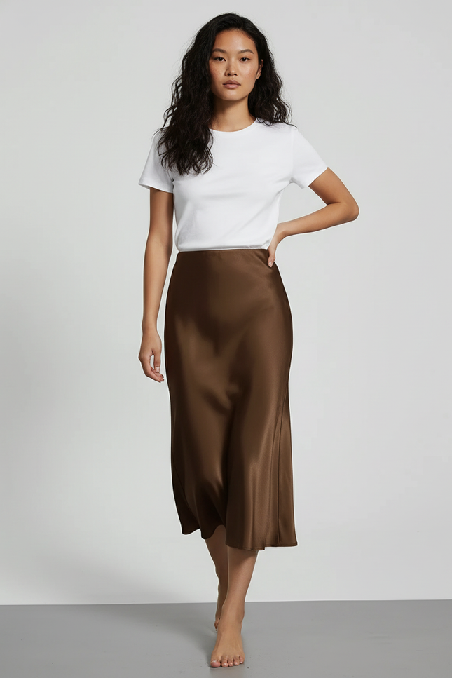 Jupe Satin Marron Longue Élégante