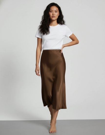 Jupe Satin Marron Longue Élégante