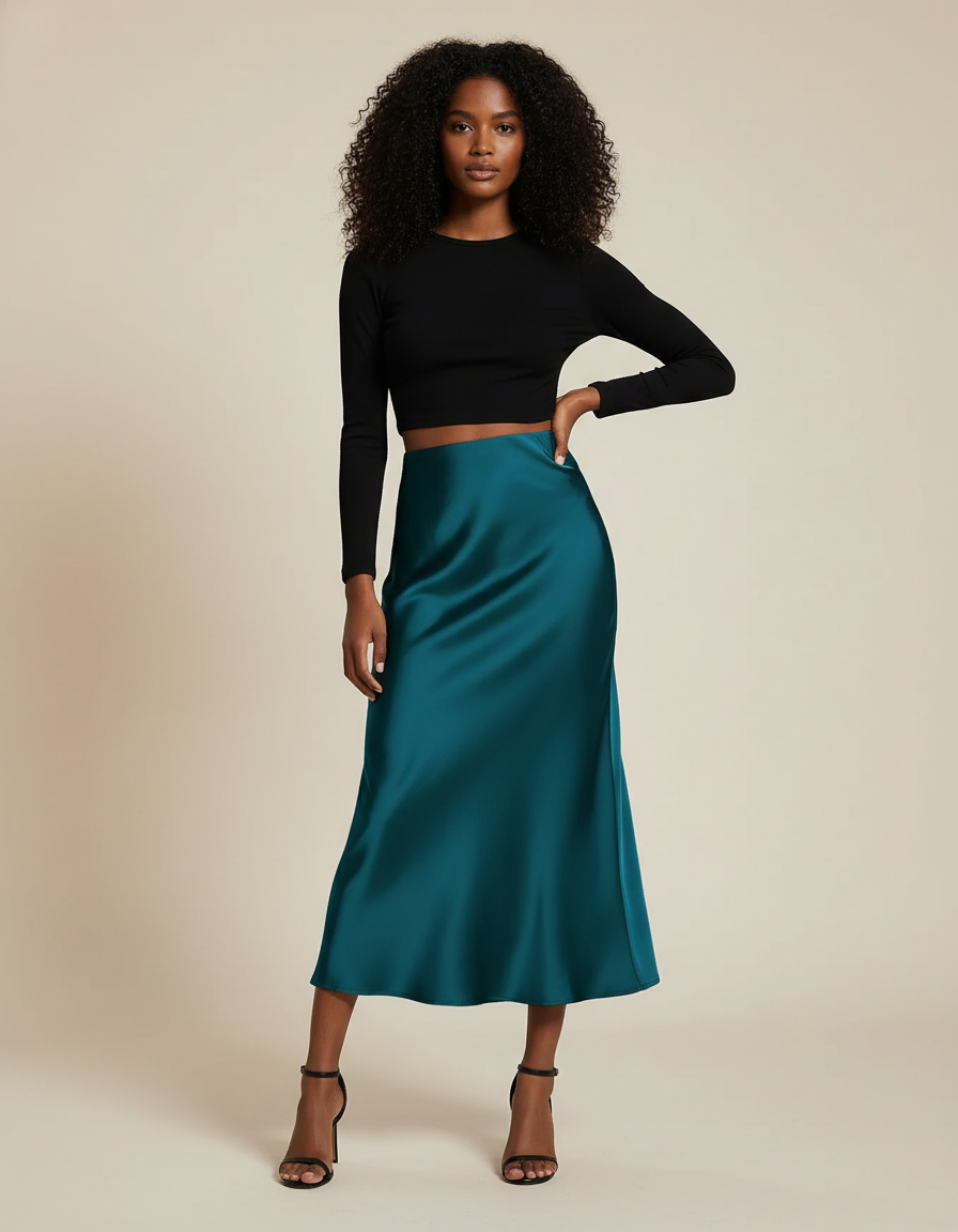 Jupe Satin Bleu Canard Fluide Élégante