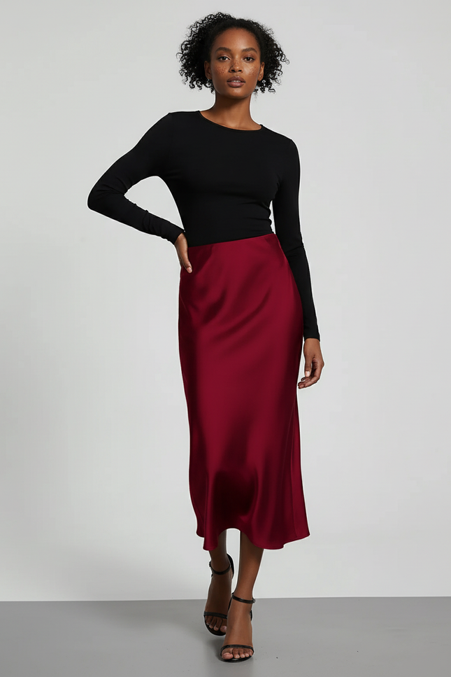 Jupe Satin Bordeaux Longue Élégante