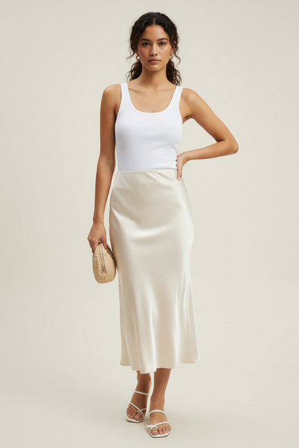 Jupe Satin Beige Midi Élégante