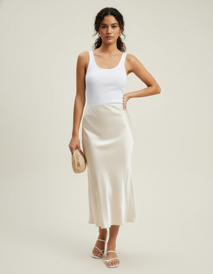 Jupe Satin Beige Midi Élégante