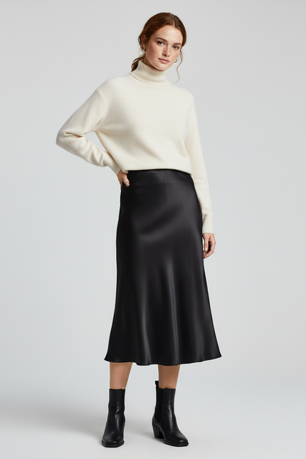 Jupe Longue Droite Satin Soie Noire