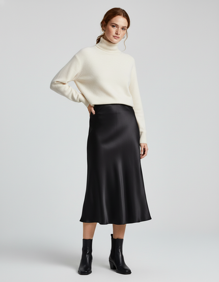 Jupe Longue Droite Satin Soie Noire
