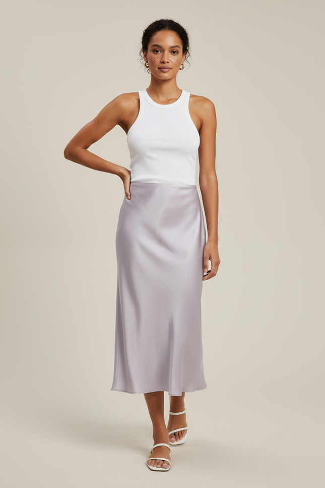 Jupe Satin Lilas Midi Fluide