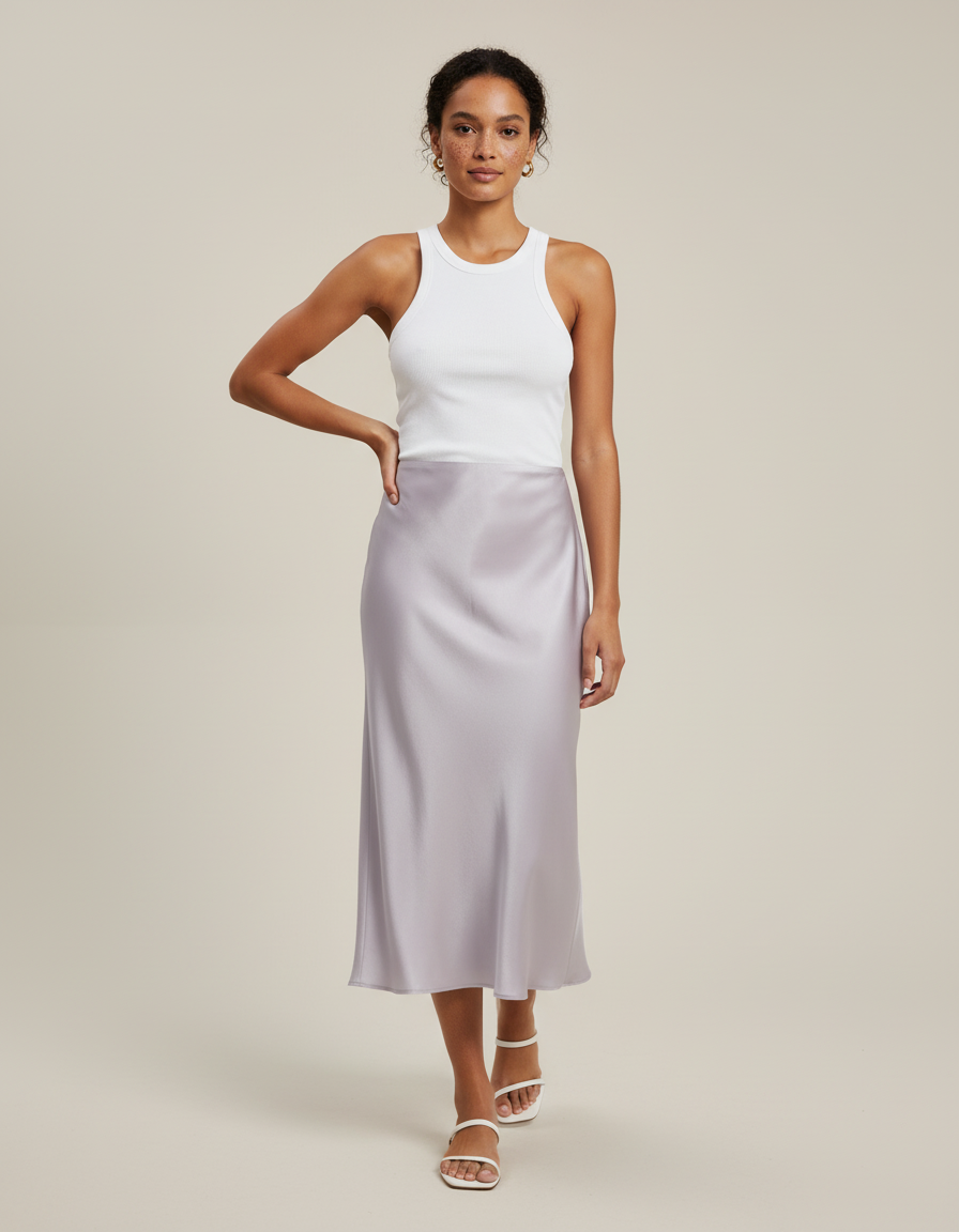 Jupe Satin Lilas Midi Fluide