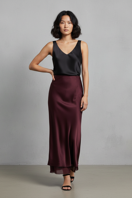 Jupe Satin Bordeaux Double-Couche Élégante