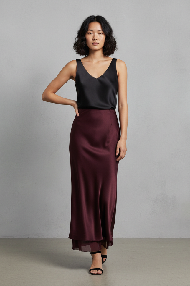 Jupe Satin Bordeaux Double-Couche Élégante