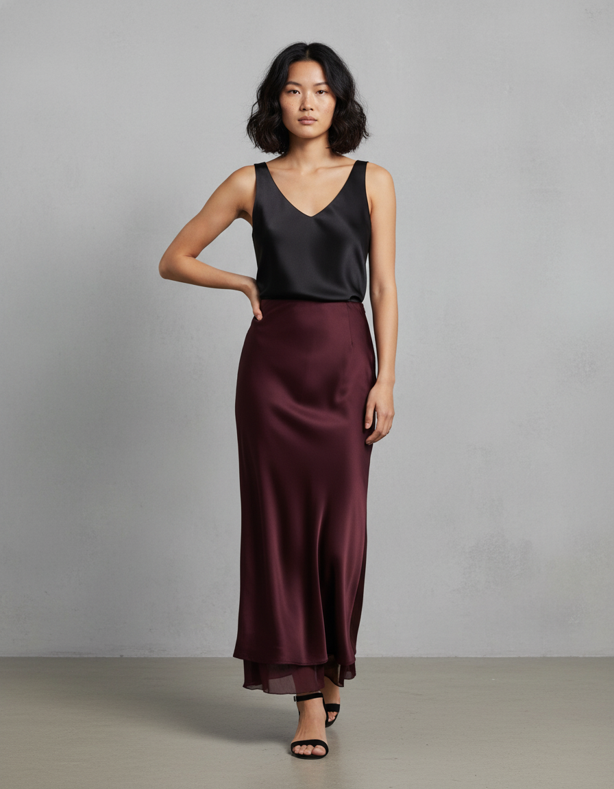 Jupe Satin Bordeaux Double-Couche Élégante
