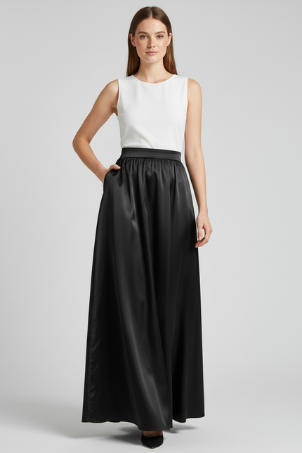 Jupe Satin Noire Fluide Élégante Moderne